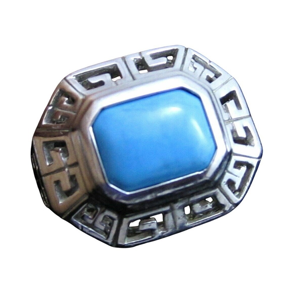 Stunning Turquoise Gem Signed Sterling Silver 925 Ring*Greek Key St*Sz 6.5‎